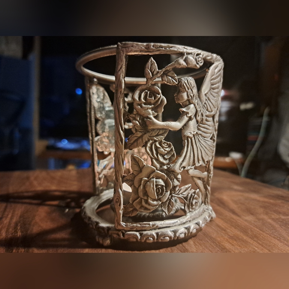 Silver Angel and Rose Candle Holder